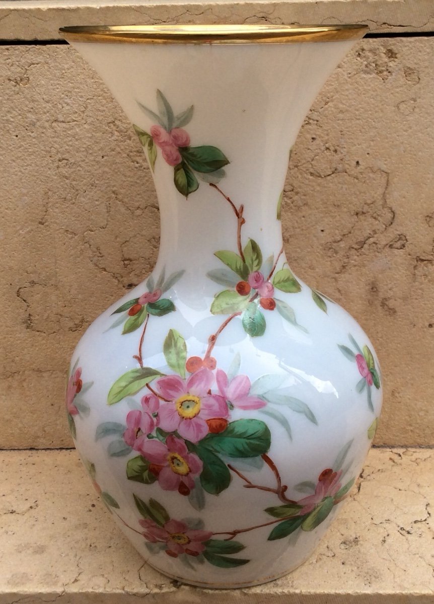 White Opaline Vase Decorated With Flowers, 19th Century
