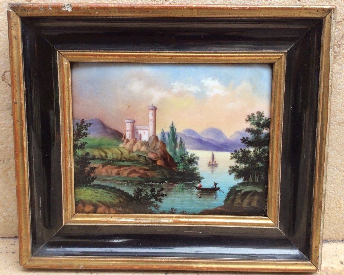 Painting On 19th Century Porcelain, Landscape “castle By The Lake”-photo-2