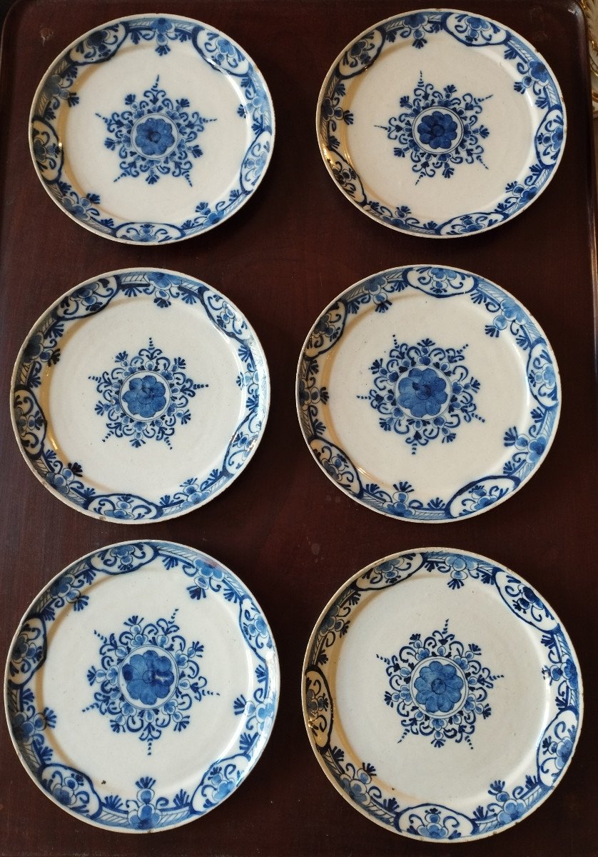 Delft 6 Earthenware Plates With Floral Decoration In Shades Of Blue XVIII