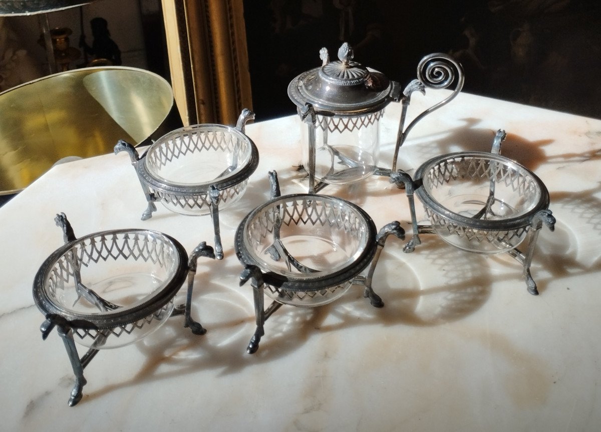 Mustard Pot And Its 4 Salt Pots Silver And Crystal Hallmark 1st Empire Rooster-photo-4