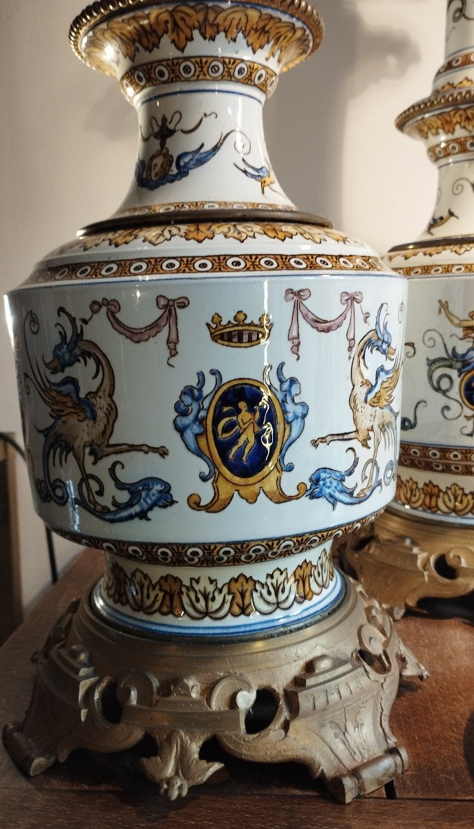 Pair Of Gien XIX Earthenware Lamps-photo-4