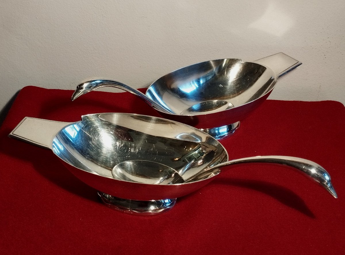 Gallia Cristofle 2 Gravy Boats And Spoons Swan Goldsmith C. Fjerdingstad