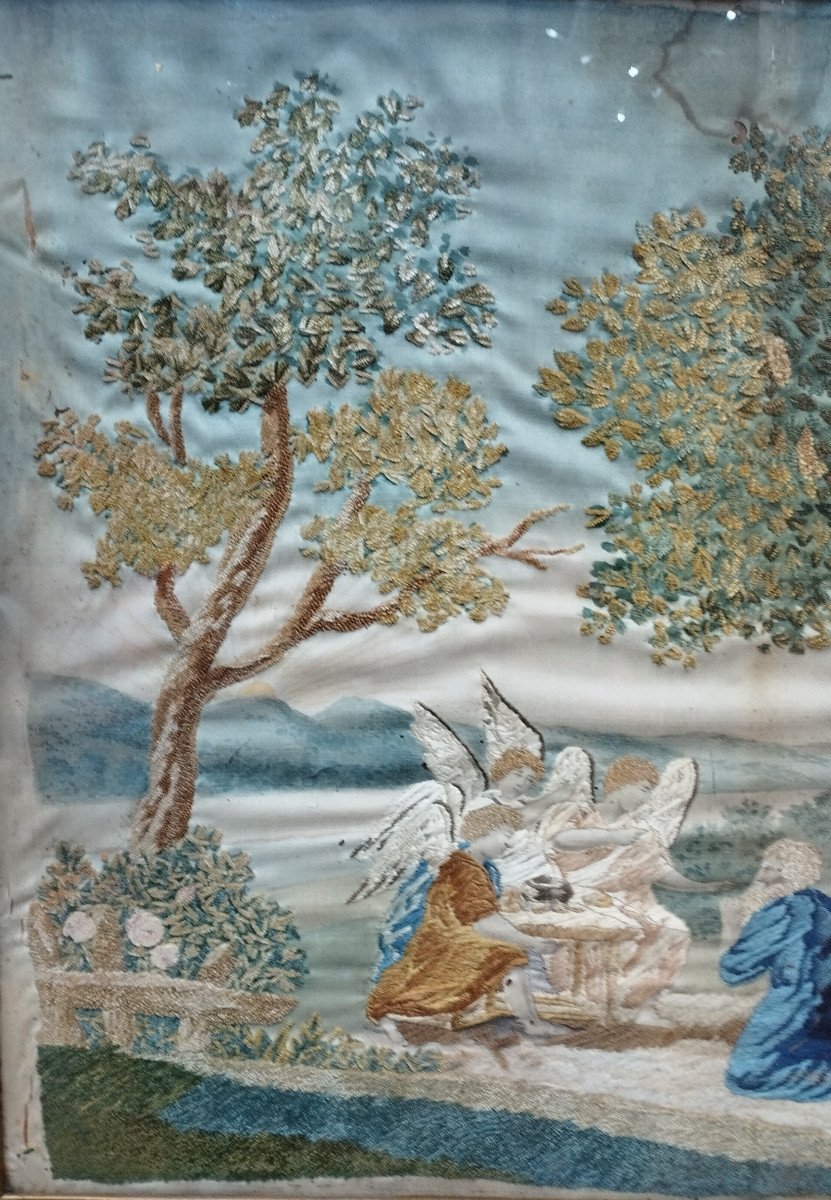 Tableau religieux broderie travail d' aiguille XIX-photo-2