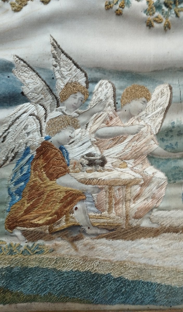 Tableau religieux broderie travail d' aiguille XIX-photo-4