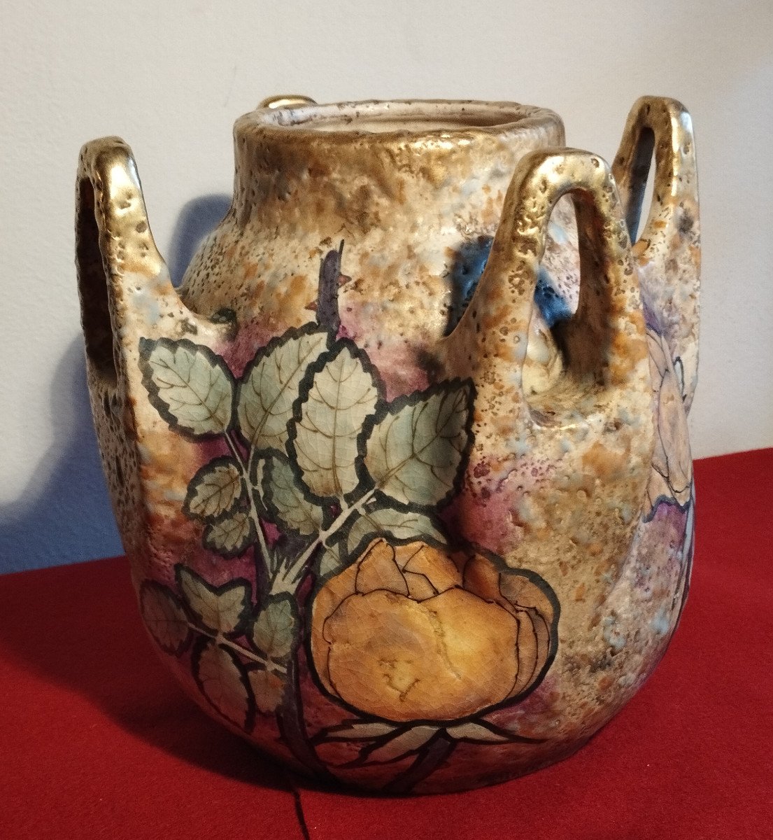 Vase Amphora  Austria Art nouveau a décor de roses-photo-4