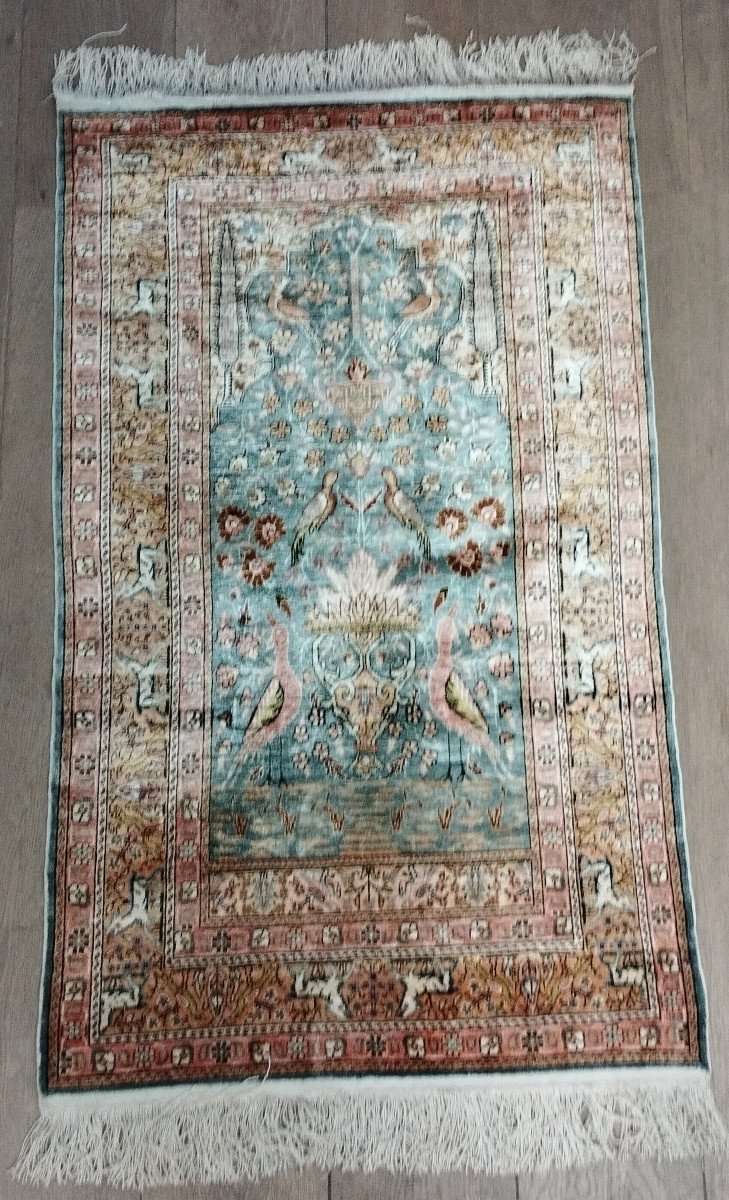 TAPIS en soie Iran décor oiseaux , fleurs... teintes roses-photo-3