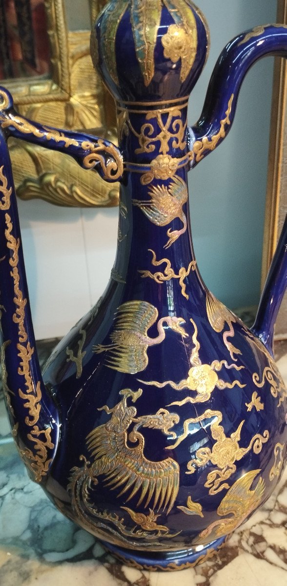 Verseuse en porcelaine bleue, dorures et décor oriental-photo-4