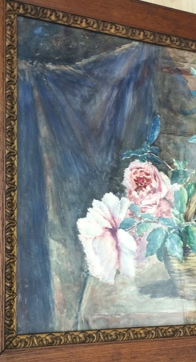 E. Chevrier "bouquet Of Peonies" Watercolor Early 20th Century-photo-2