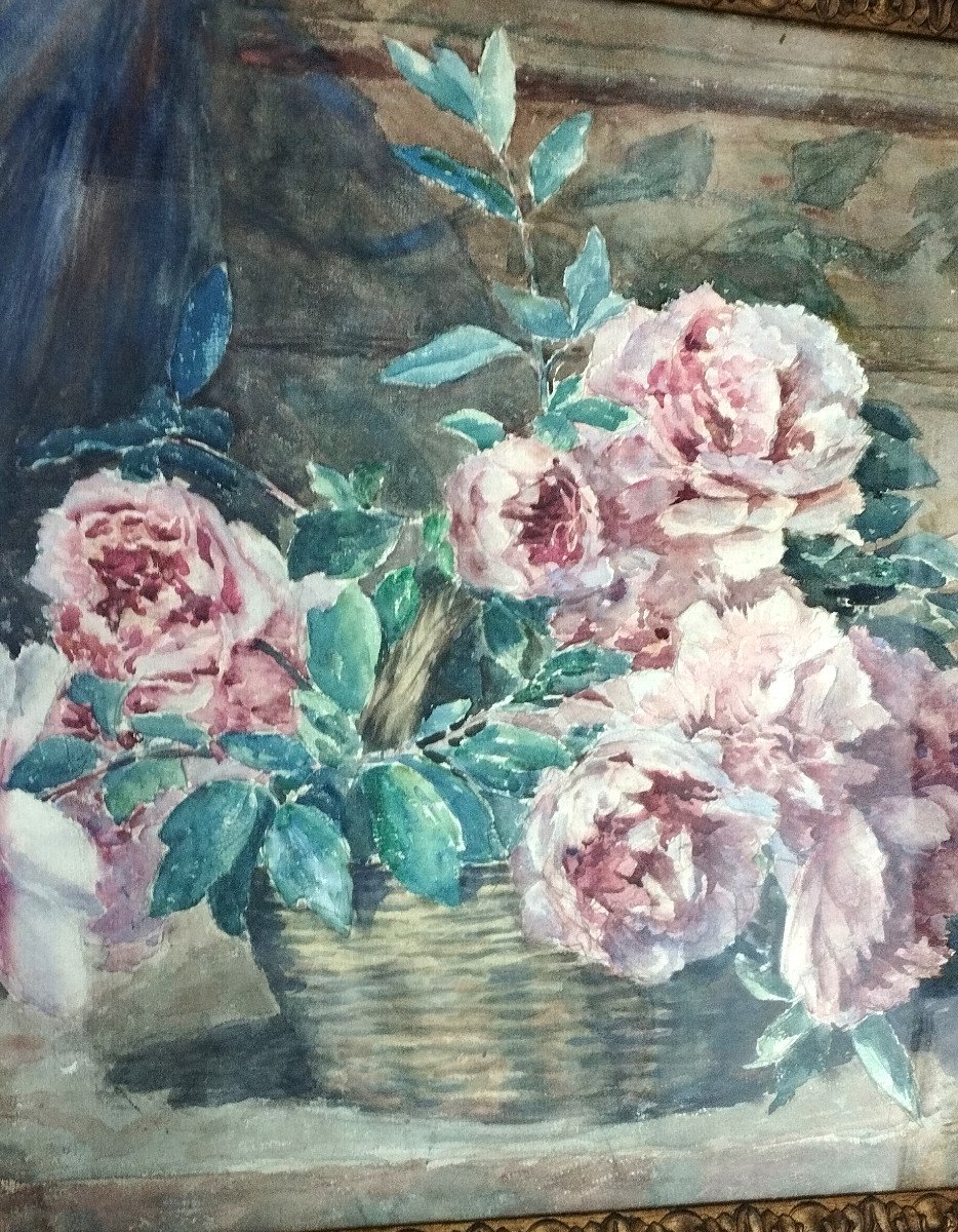 E. Chevrier "bouquet Of Peonies" Watercolor Early 20th Century-photo-3