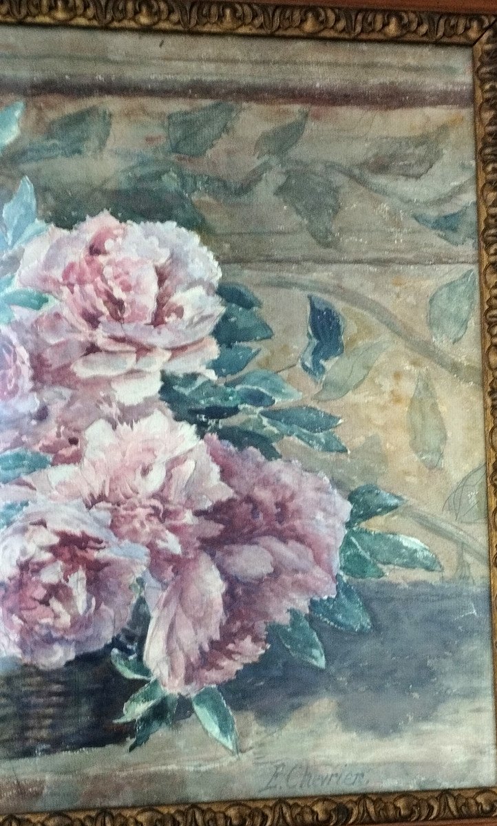 E. Chevrier "bouquet Of Peonies" Watercolor Early 20th Century-photo-4