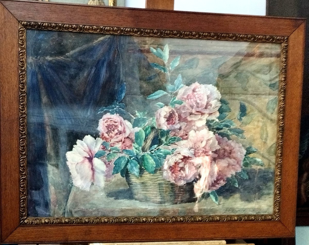 E. Chevrier "bouquet Of Peonies" Watercolor Early 20th Century-photo-1