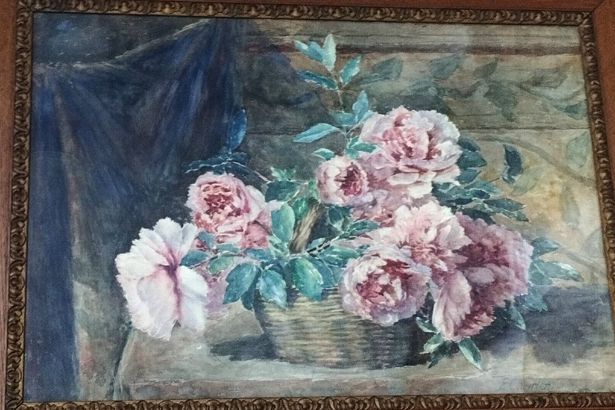 E. Chevrier "bouquet Of Peonies" Watercolor Early 20th Century