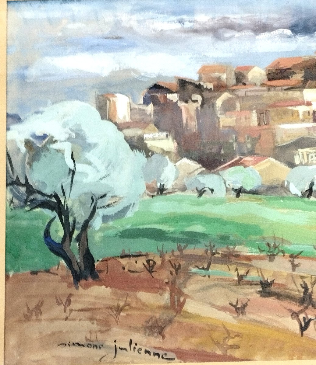 Simone Julienne "provençal Landscape" Watercolor And Gouache XX-photo-3