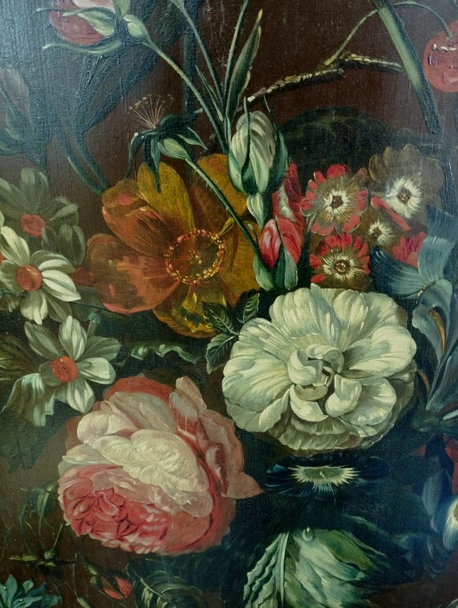 Dutch School "bouquet Of Flowers" Oil On Parquet Wood XVIII -photo-3