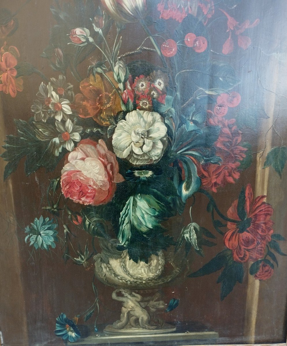 Dutch School "bouquet Of Flowers" Oil On Parquet Wood XVIII -photo-1