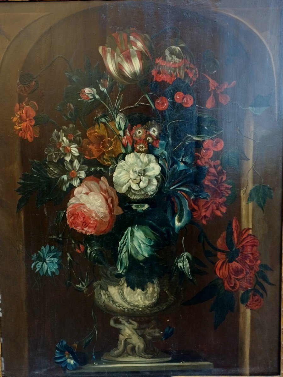 Dutch School "bouquet Of Flowers" Oil On Parquet Wood XVIII 