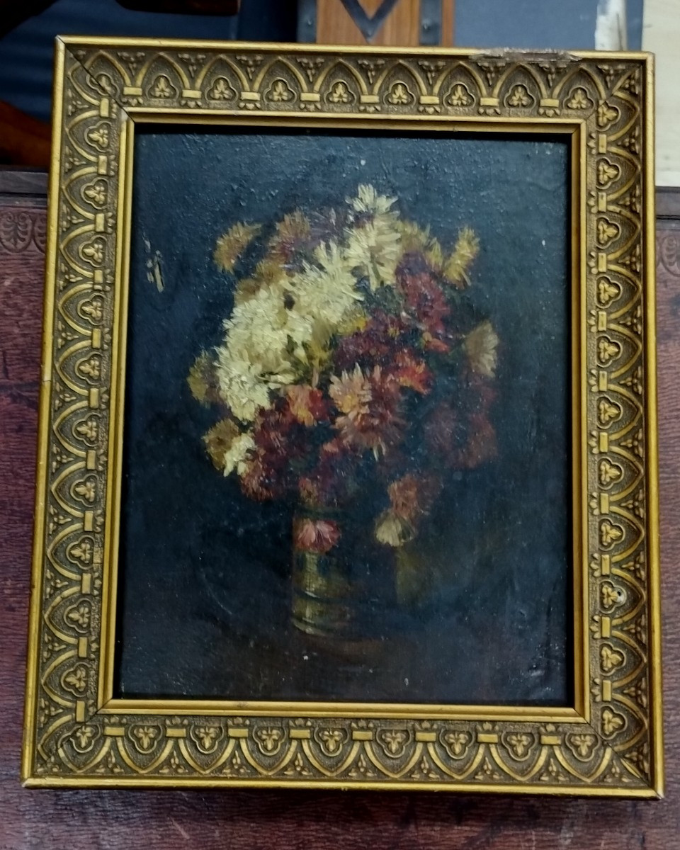 Bouquet de Fleurs Huile sur bois XIX-photo-2