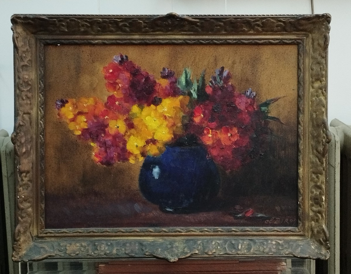 Clémence BIRON " Bouquet de Fleurs au Vase Bleu " Huile sur Panneau XX-photo-2