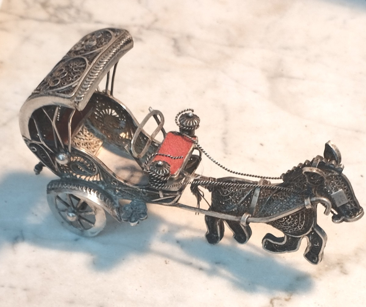 Miniature Carriage In Filigree Silver 19th Century-photo-3