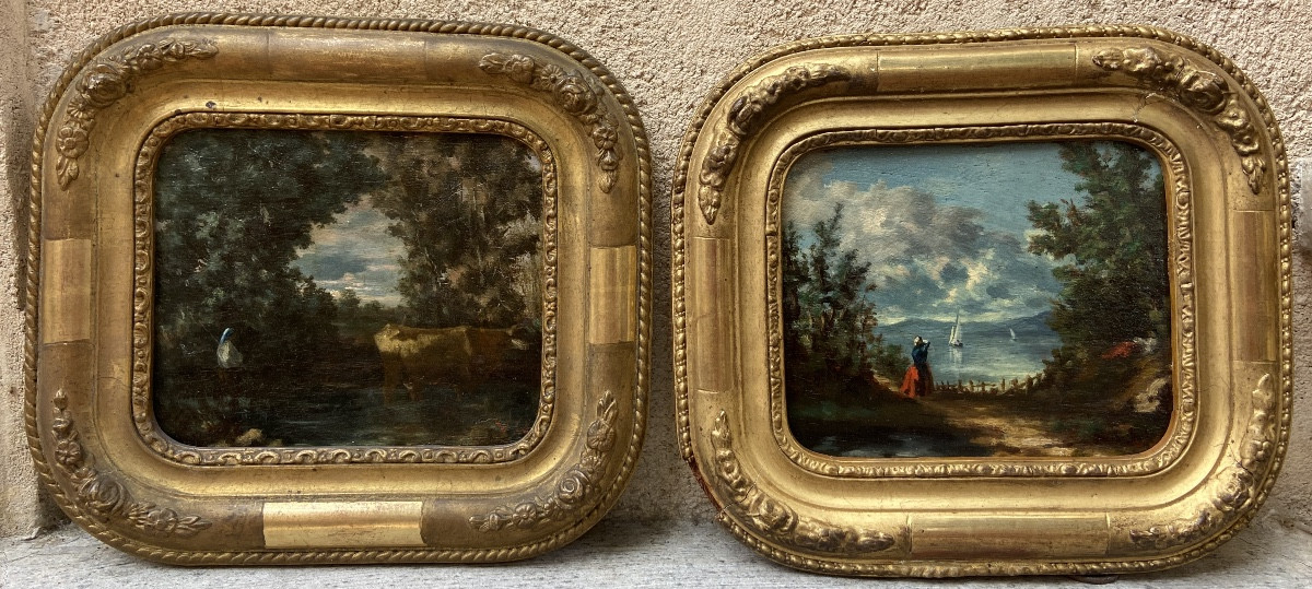 Paire de tableaux huile sur bois XIX