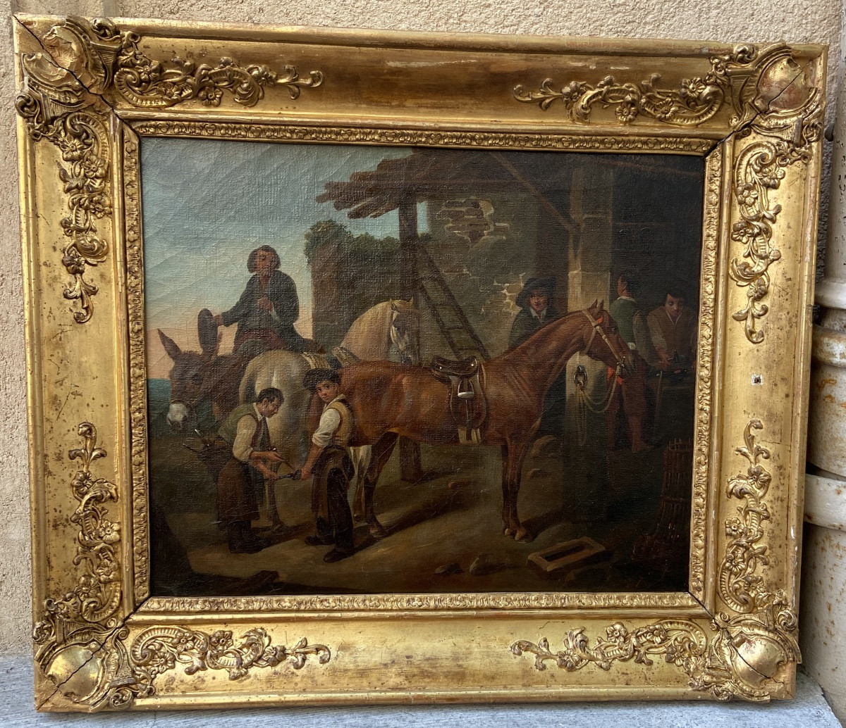 Tableau huile sur toile «chez le maréchal- ferrant» XIX-photo-2