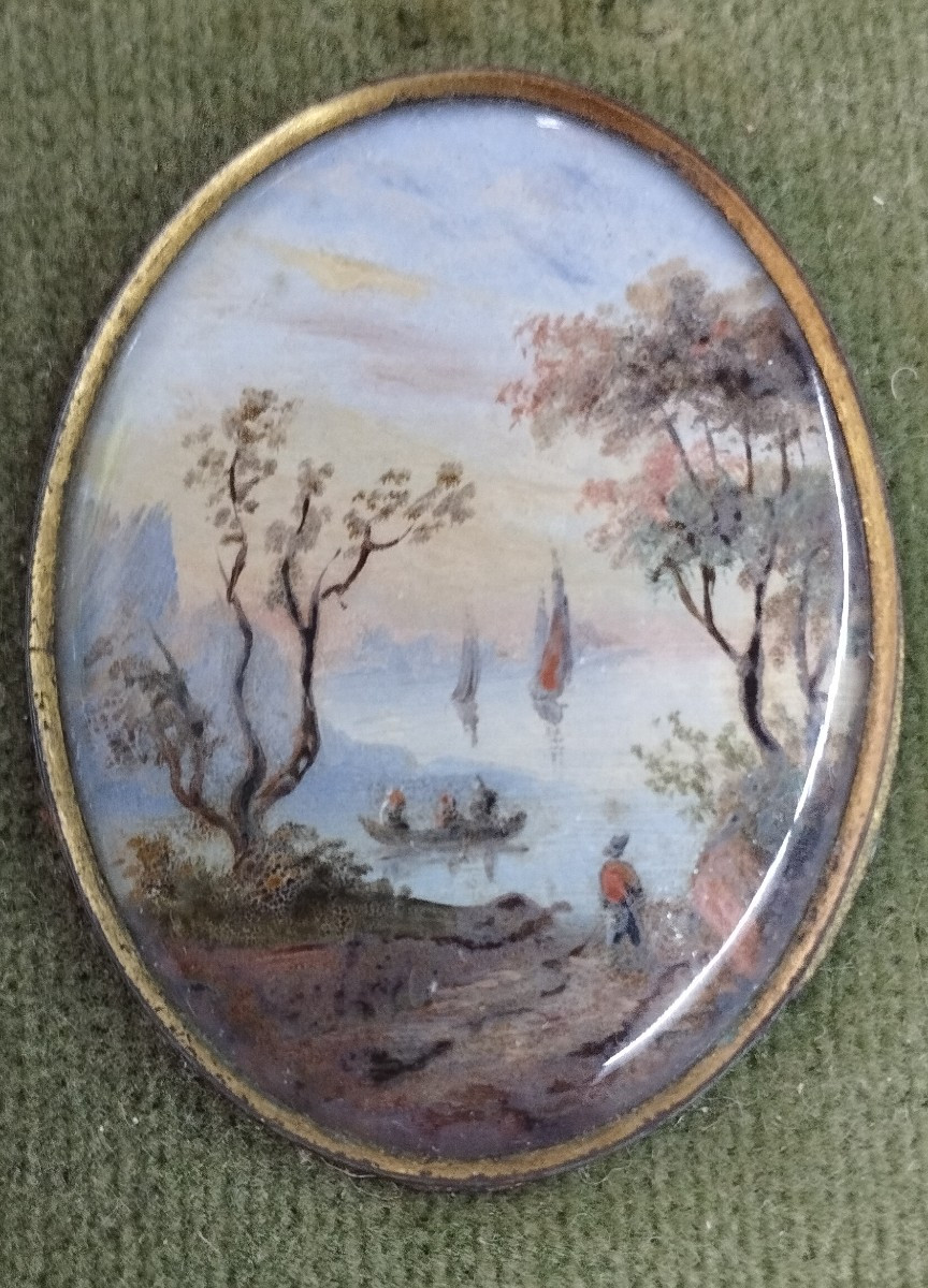 2 Gouaches Miniature Landscapes In Medallions Under Frame 19th Century-photo-3