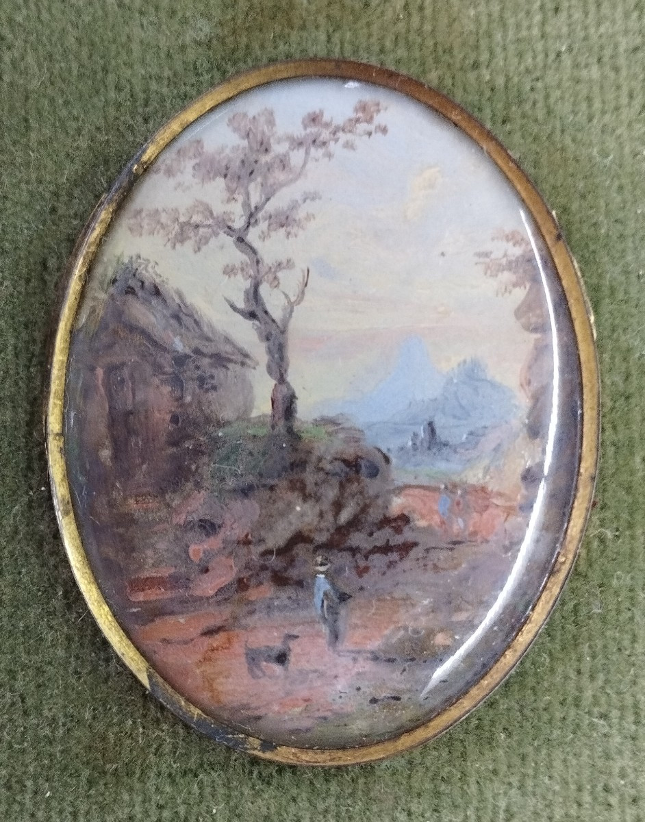 2 Gouaches Miniature Landscapes In Medallions Under Frame 19th Century-photo-4