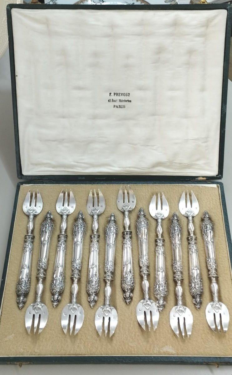 12 fourchettes à huîtres en Argent Orfèvre Delacquis XIX -photo-4