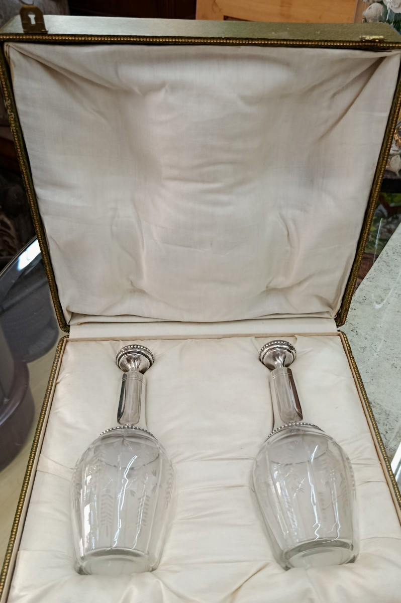 Set Of Two Silver And Crystal Decanters 19th Century-photo-2