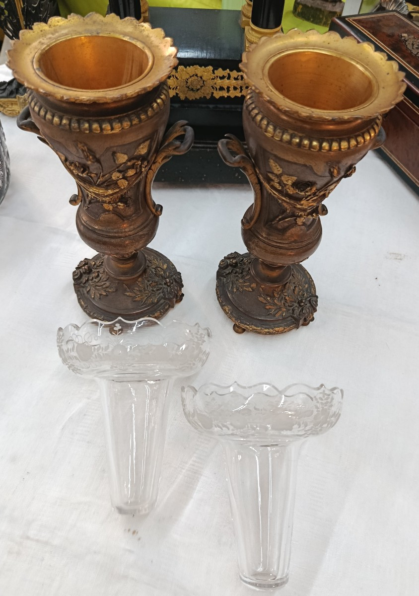 Pair Of Bronze And Crystal Cassolettes, 19th Century-photo-4