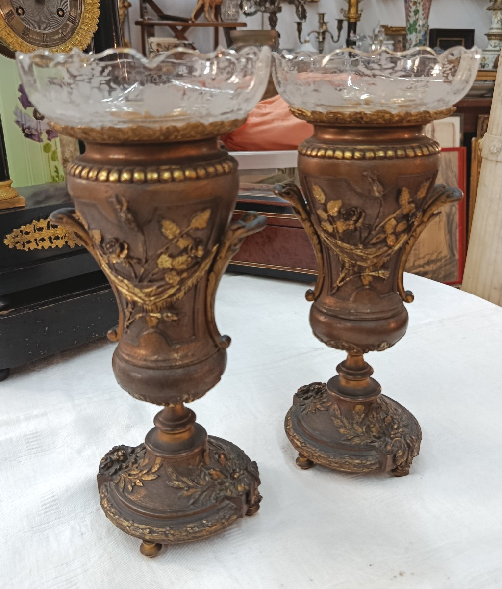 Pair Of Bronze And Crystal Cassolettes, 19th Century-photo-2