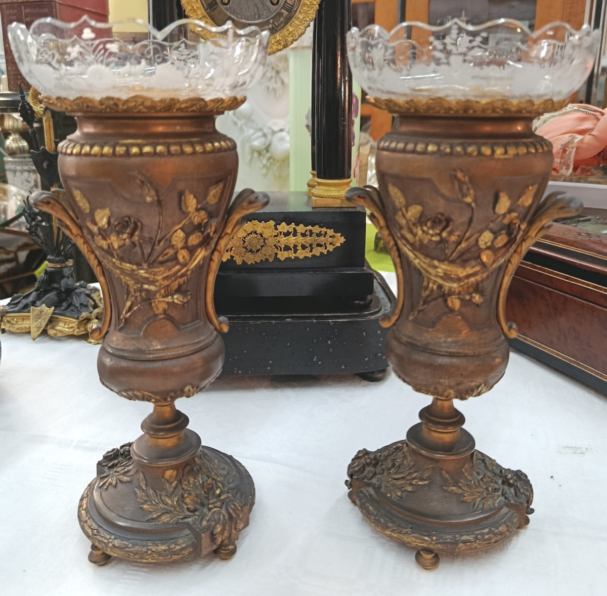 Pair Of Bronze And Crystal Cassolettes, 19th Century