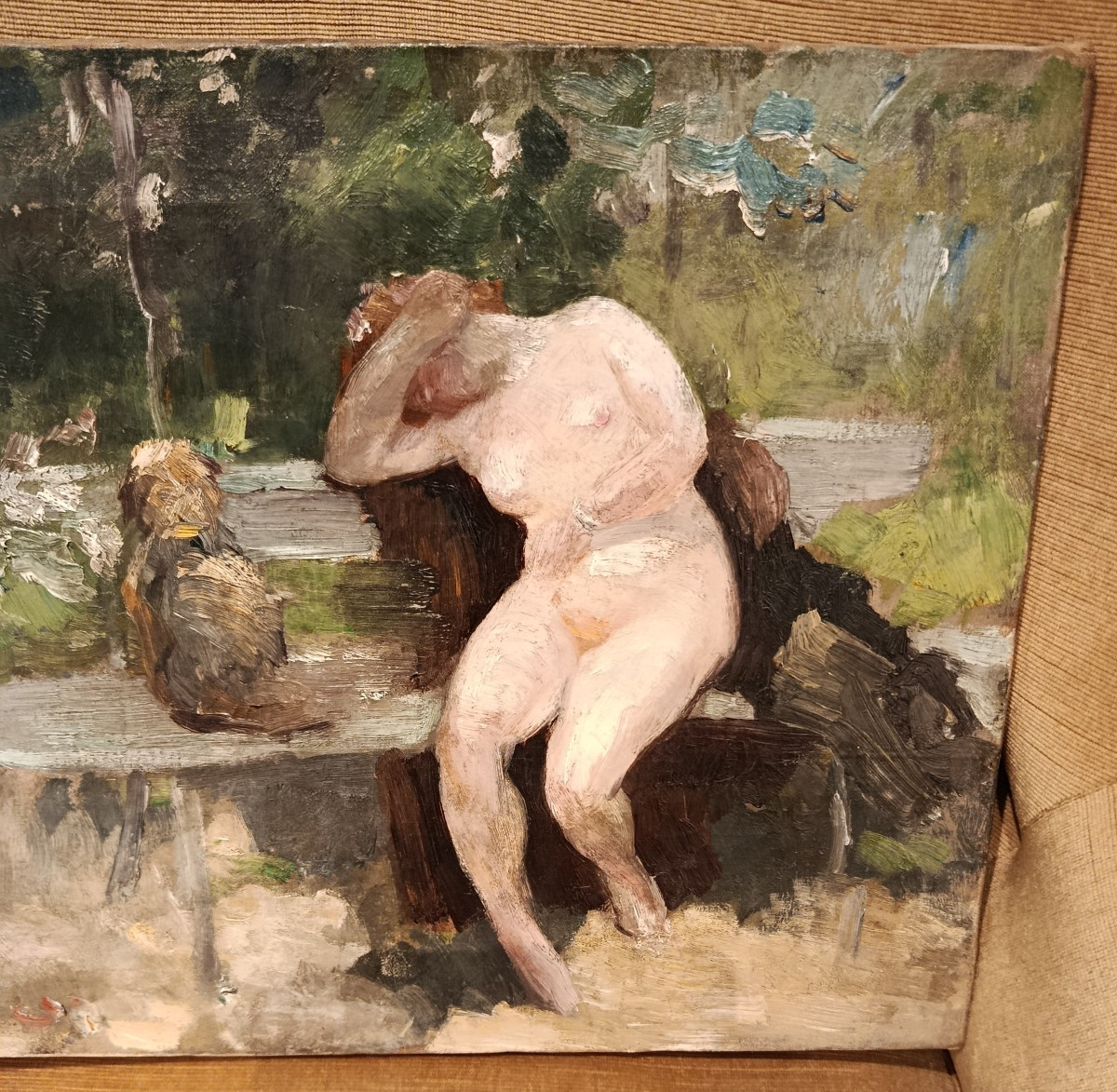 "Jeune Femme dénudée sur un banc " huile sur toile début XX-photo-2