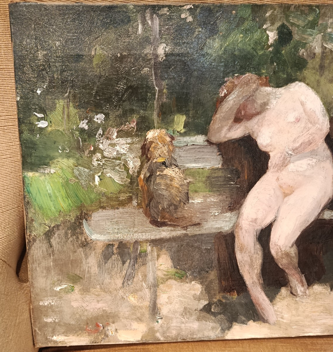 "Jeune Femme dénudée sur un banc " huile sur toile début XX-photo-3