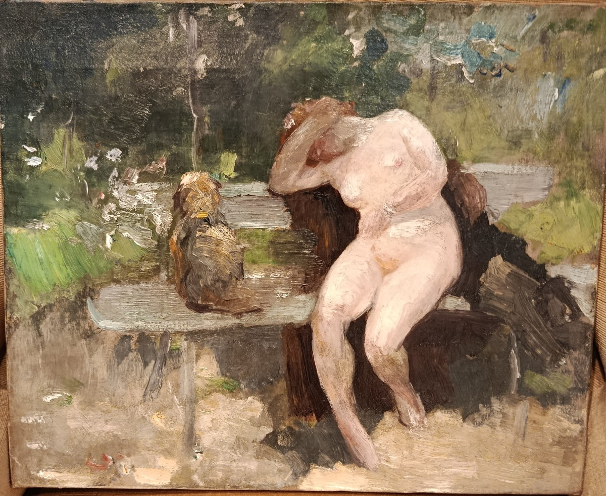 "Jeune Femme dénudée sur un banc " huile sur toile début XX