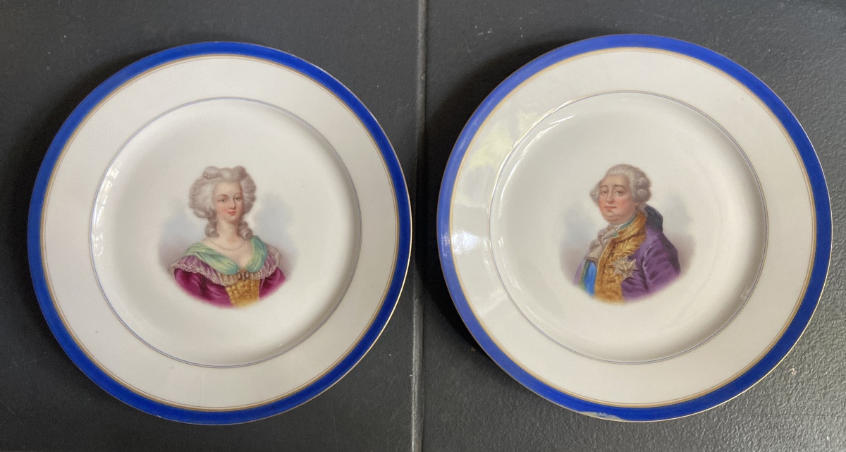 Sèvres Pair Of Porcelain Plates "marie Antoinette And Louis XVI"