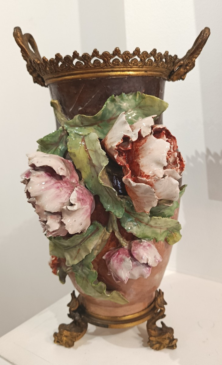 Barbotine Vase Flowers Mounted On Bronze XIX-photo-2