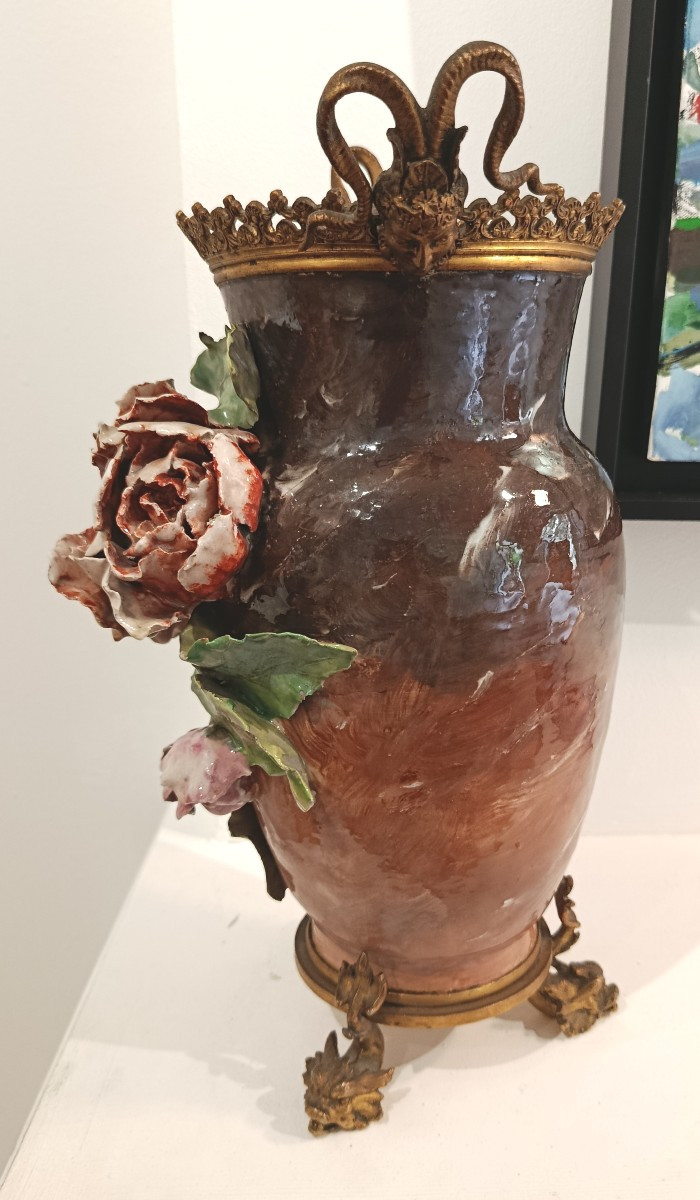 Barbotine Vase Flowers Mounted On Bronze XIX-photo-4