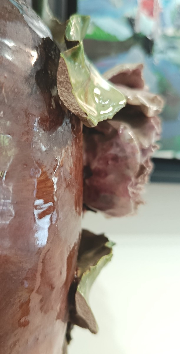 Barbotine Vase Flowers Mounted On Bronze XIX-photo-4