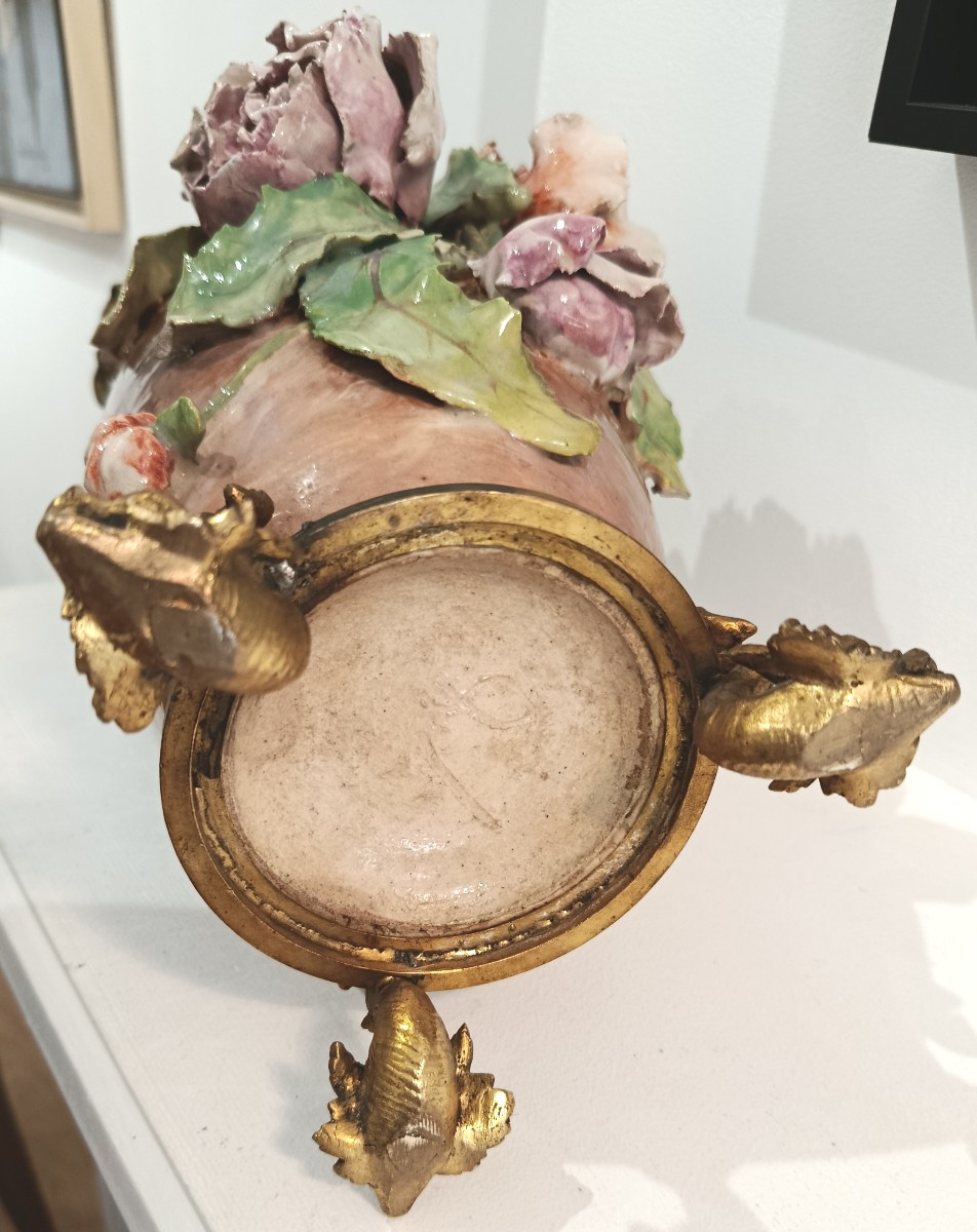 Barbotine Vase Flowers Mounted On Bronze XIX-photo-6