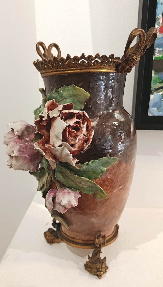 Barbotine Vase Flowers Mounted On Bronze XIX