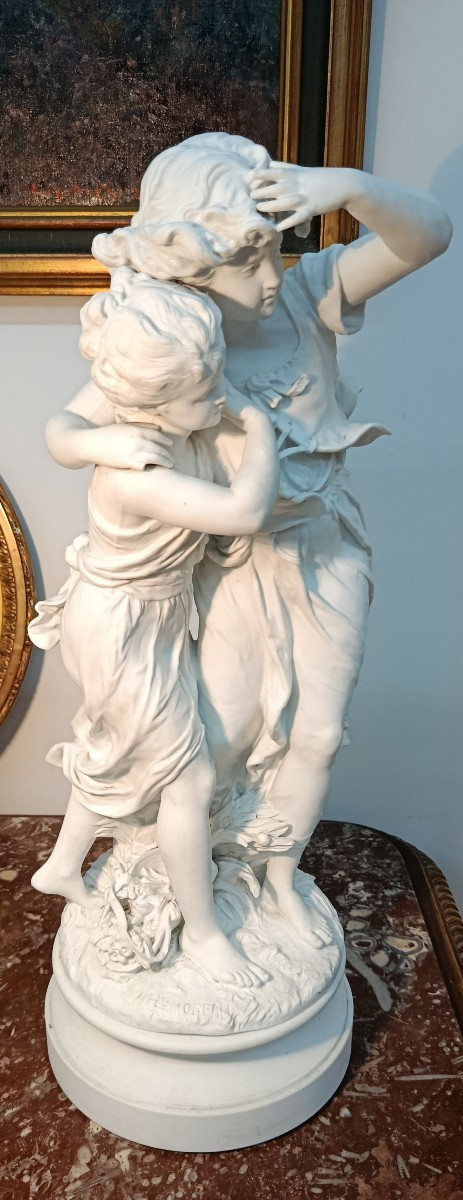 H. Moreau "children In The Wind" Biscuit 19th Century-photo-3