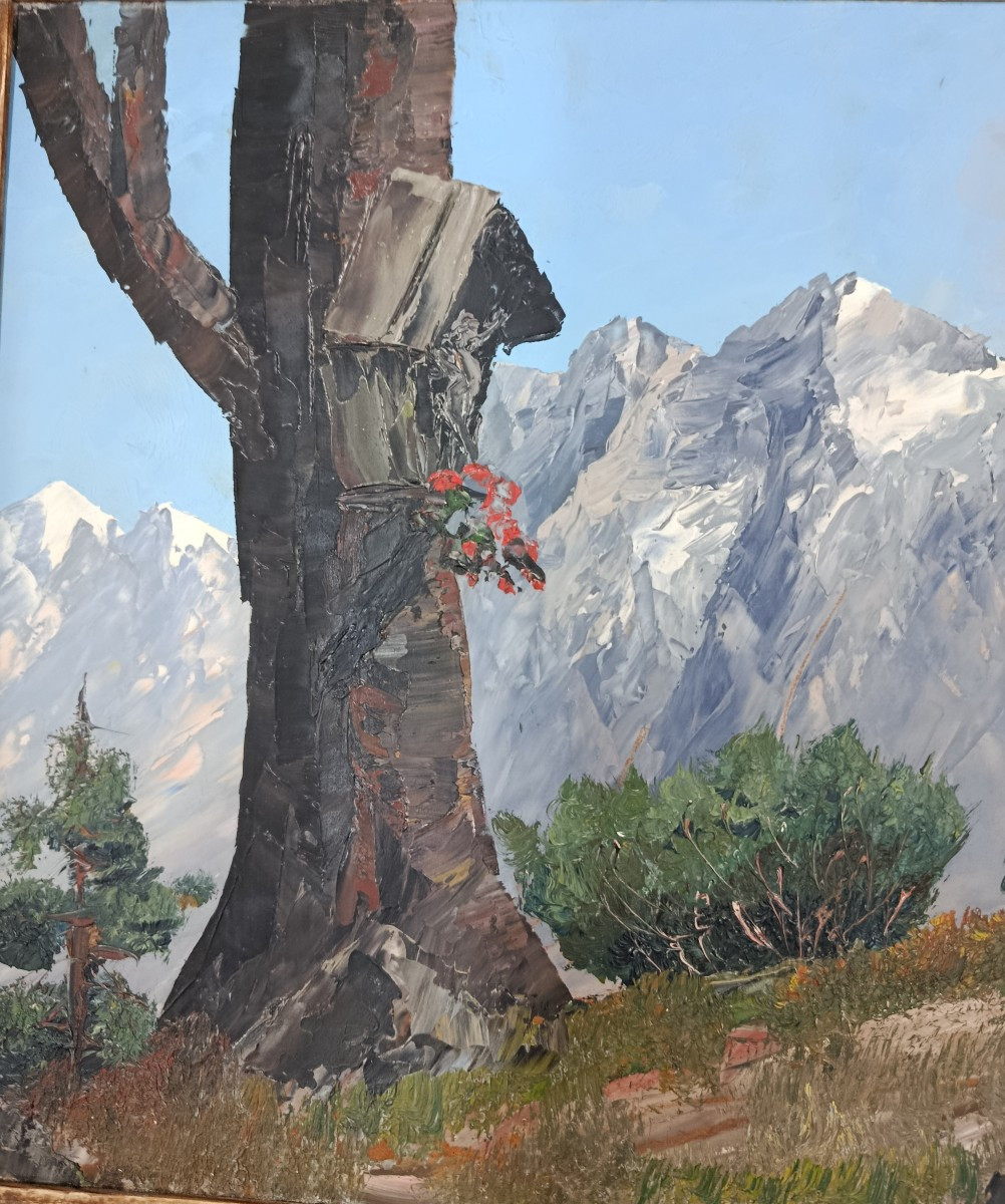 "landscape Of The Tyrolean Mountains" Oil On Hardboard 20th Century-photo-2