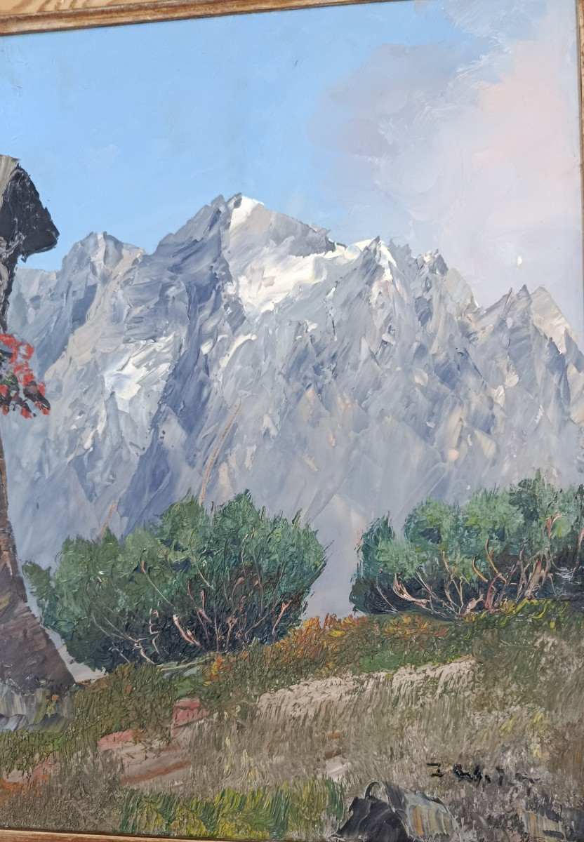 "landscape Of The Tyrolean Mountains" Oil On Hardboard 20th Century-photo-3