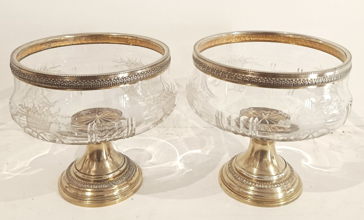 Paire de coupes en cristal et argent vermeillé XIX