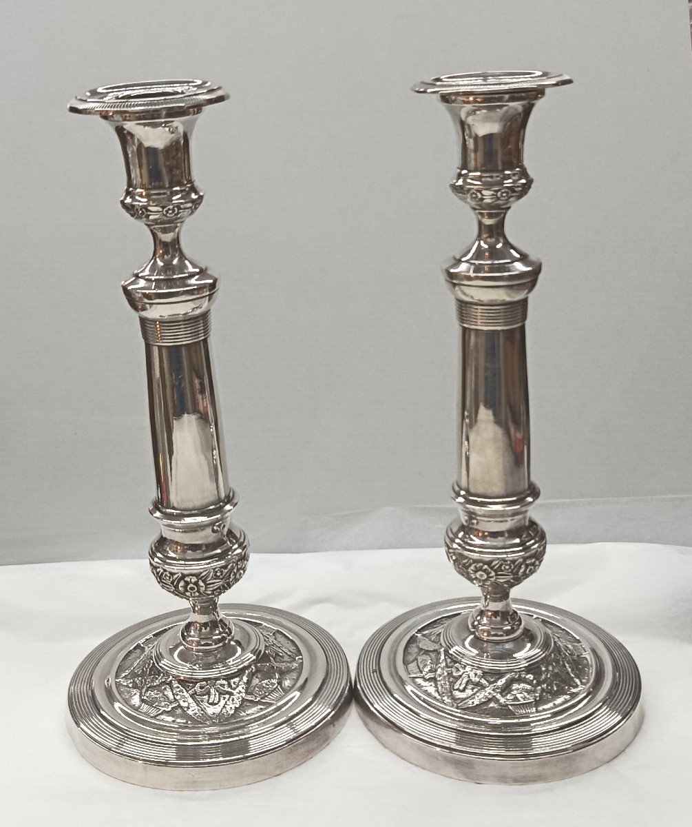 Pair Of Louis XVI Style Silver-plated Metal Candlesticks