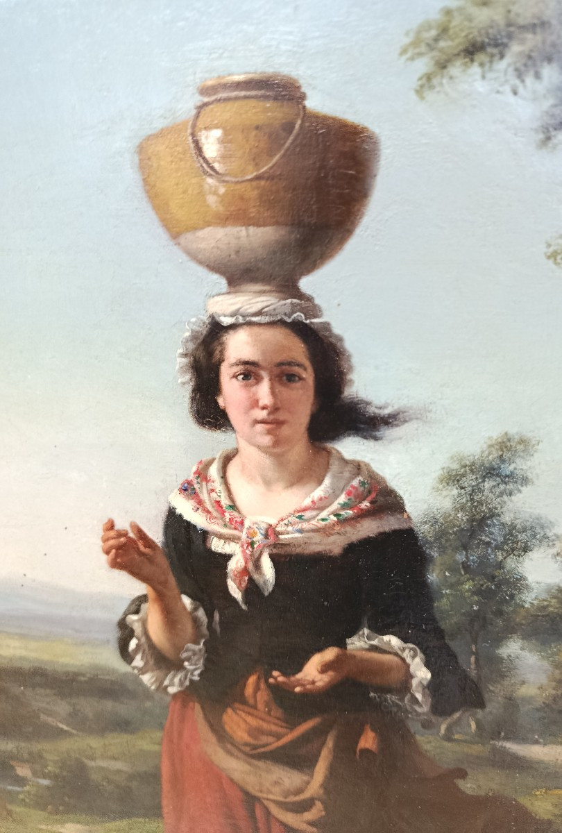  "the Water Carrier" Oil On Wood, 19th Century-photo-2