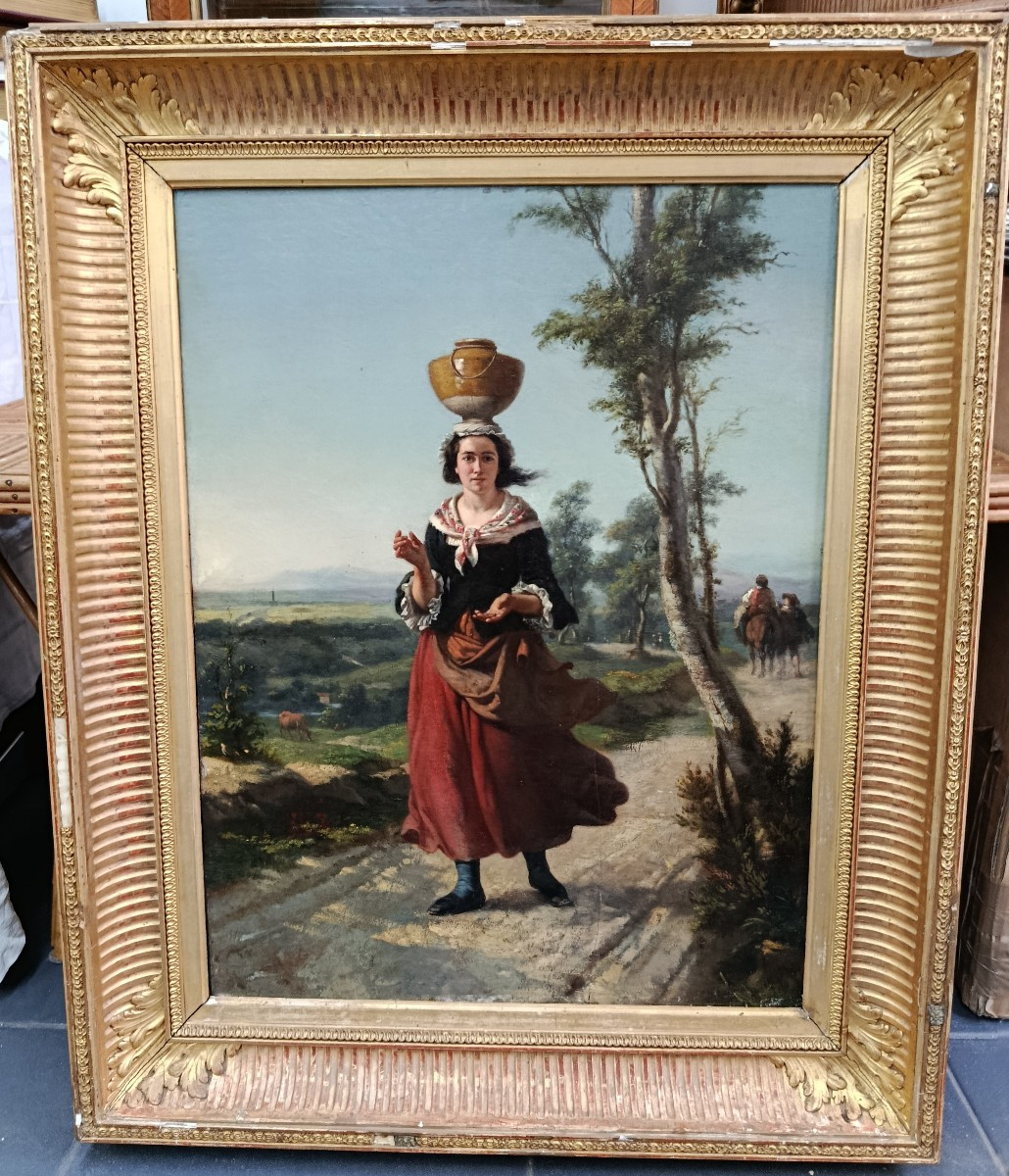  "the Water Carrier" Oil On Wood, 19th Century-photo-1