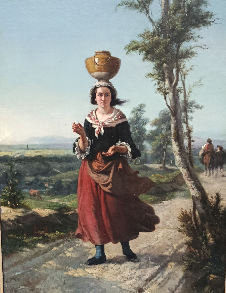  "the Water Carrier" Oil On Wood, 19th Century