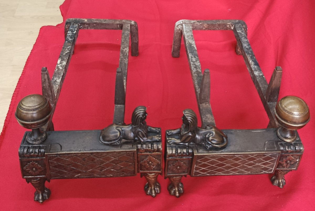 Paire de Chenets en bronze à décor de sphinges XIX-photo-4